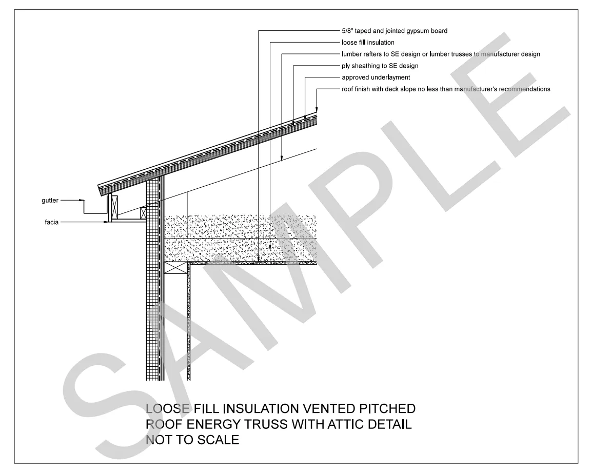 Loose-Fill Insulation Vented Pitched Roof — Energy Truss with Attic construction detail preview