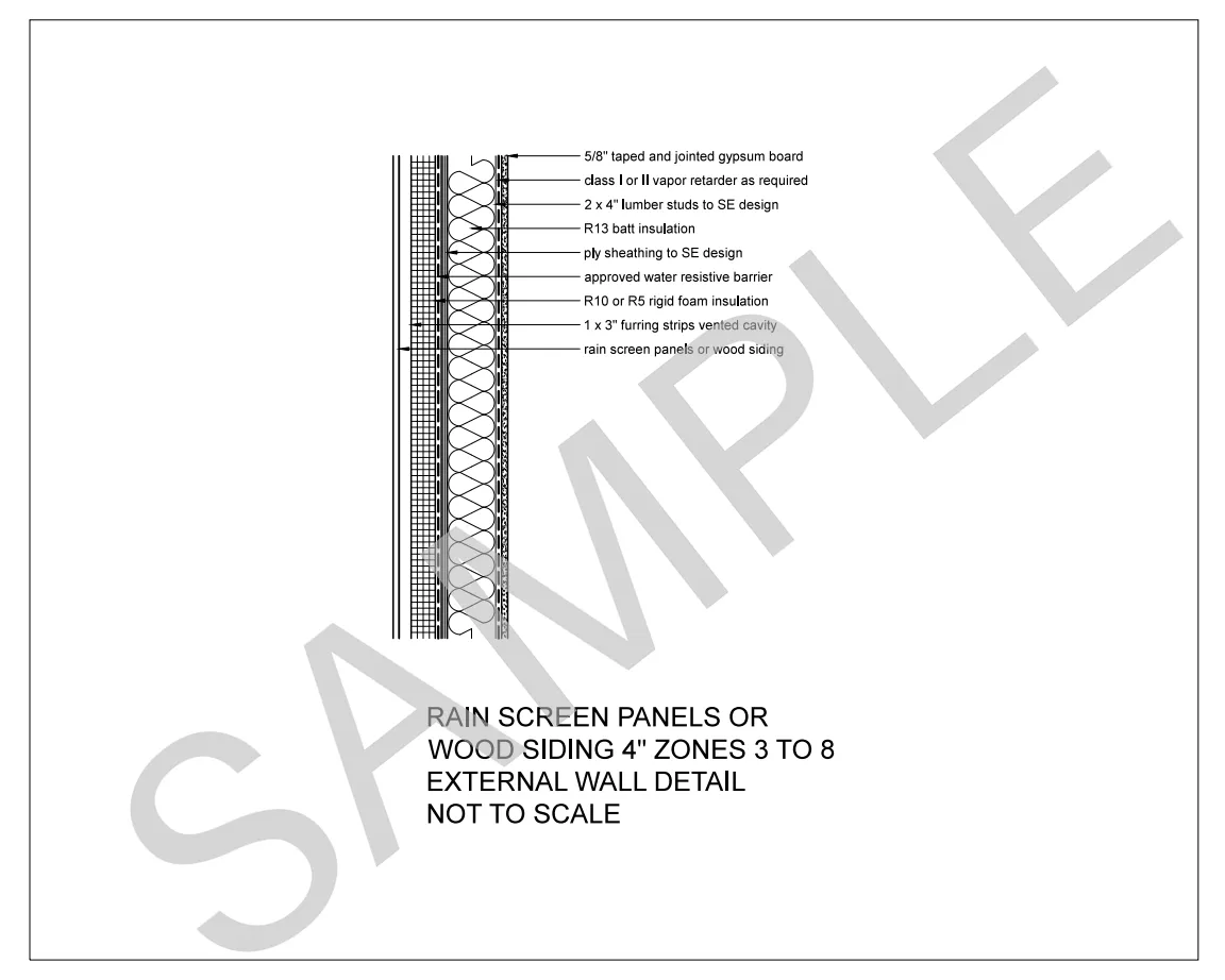 Rain Screen Panels or Wood Siding — 2x4 Stud Wall, Climate Zones 3 to 8 construction detail preview