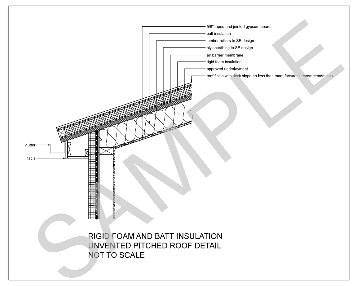 Rigid Foam and Batt Insulation Unvented Pitched Roof construction detail preview
