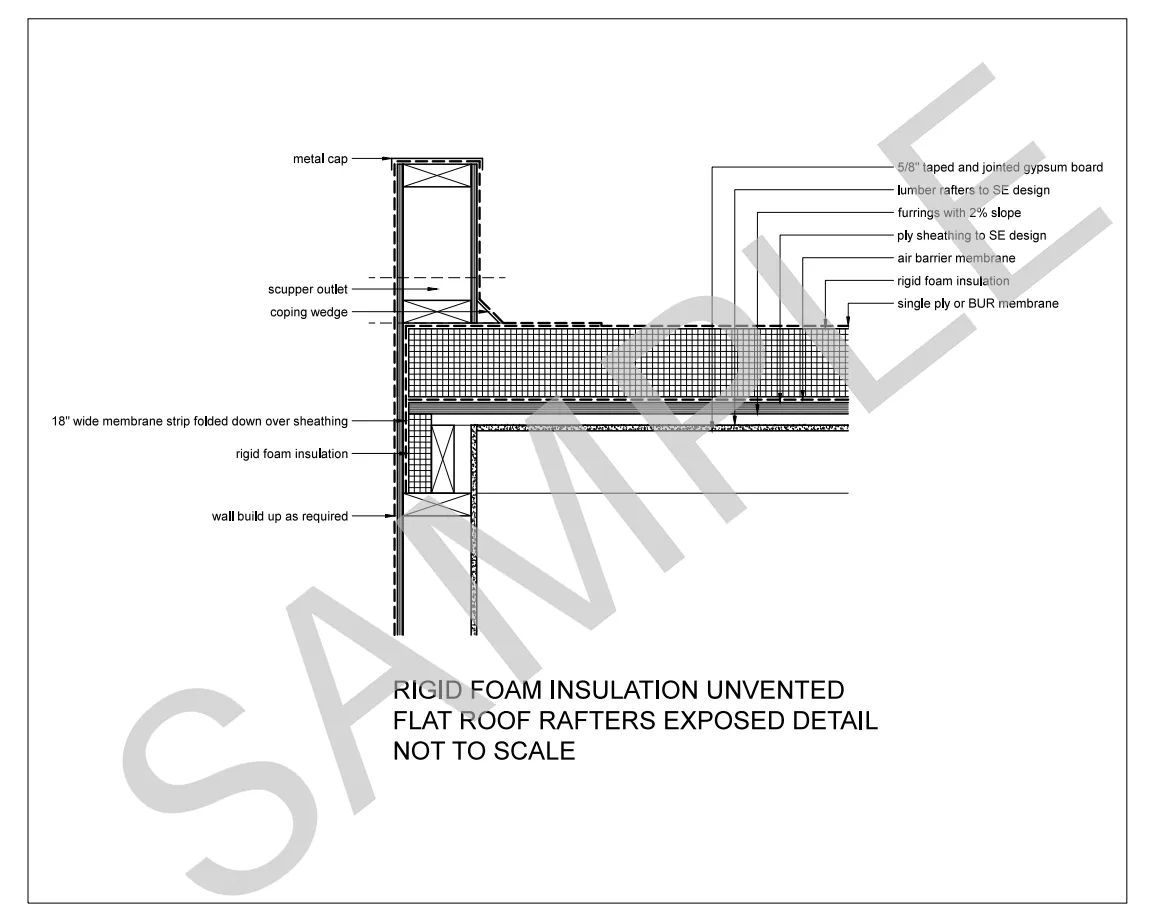 Rigid Foam Insulation Unvented Flat Roof — Rafters Exposed construction detail preview