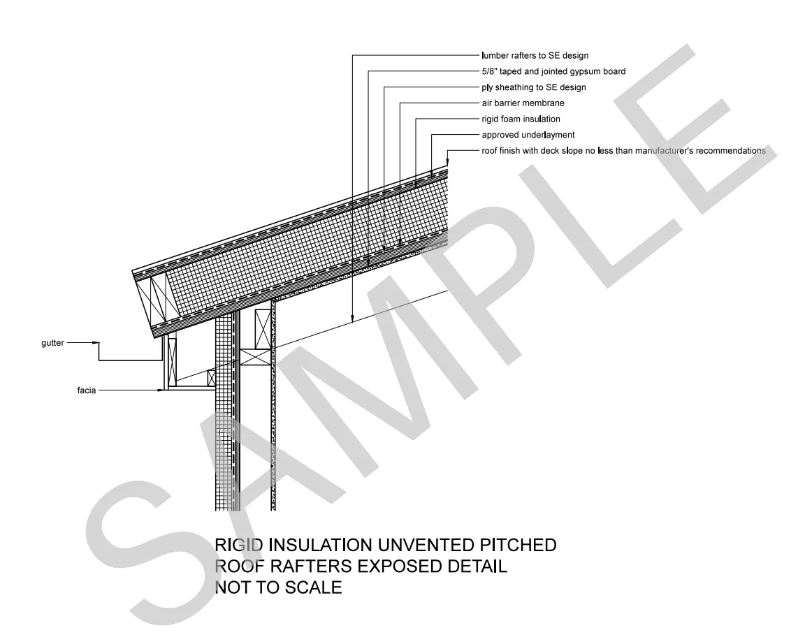 Rigid Insulation Unvented Pitched Roof — Rafters Exposed construction detail preview