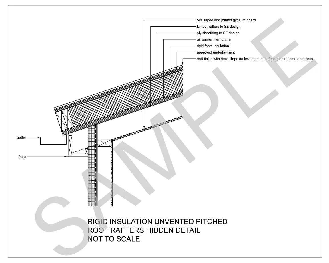 Rigid Insulation Unvented Pitched Roof — Rafters Hidden construction detail preview