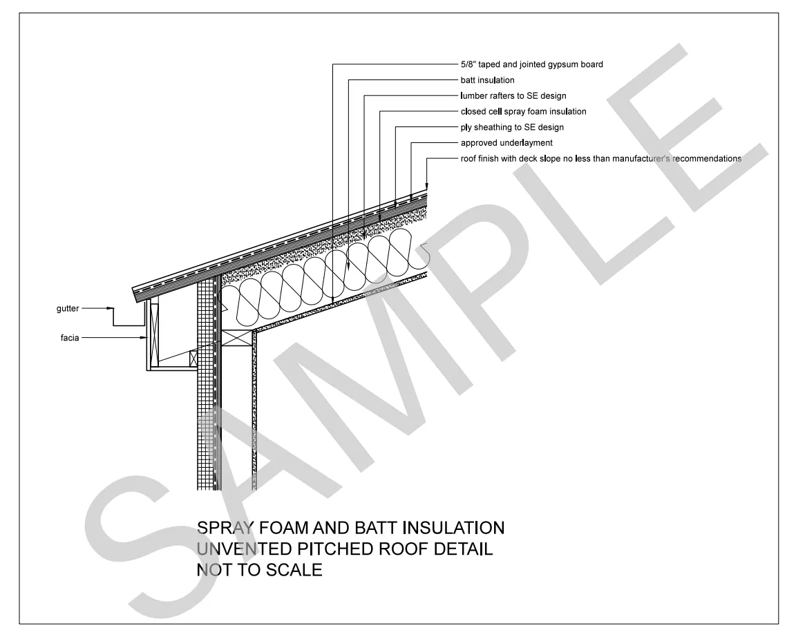 Spray Foam and Batt Insulation Unvented Pitched Roof construction detail preview
