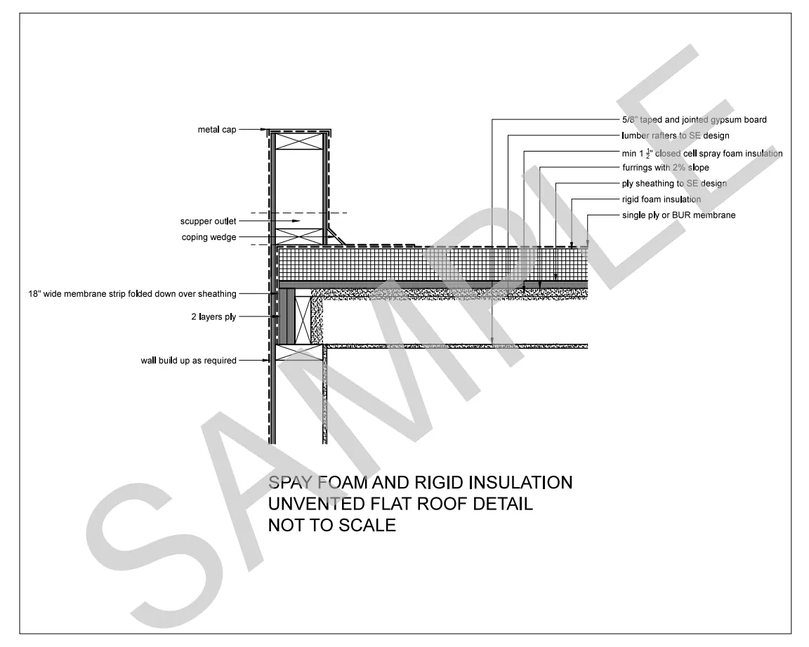Spray Foam and Rigid Insulation Unvented Flat Roof construction detail preview