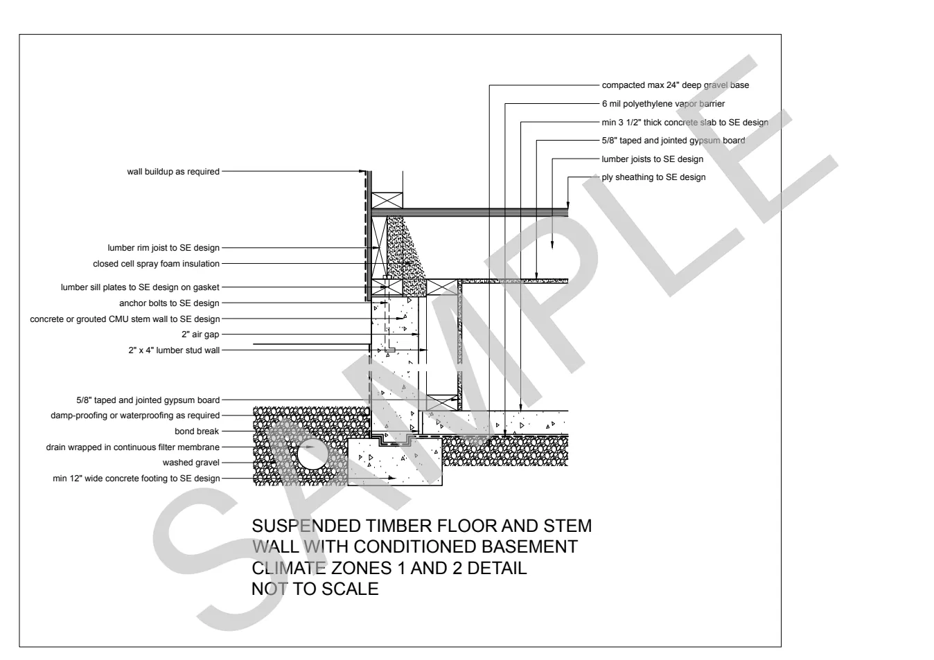 Suspended Timber Floor and Stem Wall — Conditioned Basement, Climate Zones 1 and 2 construction detail preview