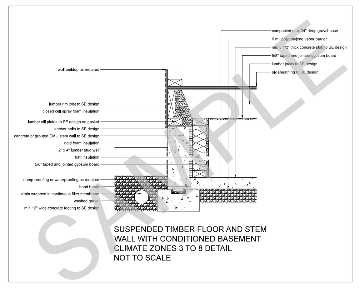 Suspended Timber Floor and Stem Wall — Conditioned Basement, Climate Zones 3 to 8 construction detail preview