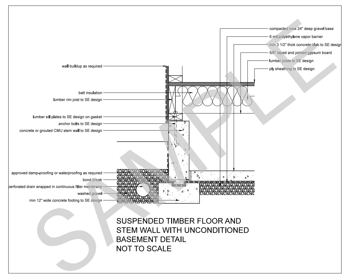 Suspended Timber Floor and Stem Wall — Unconditioned Basement construction detail preview