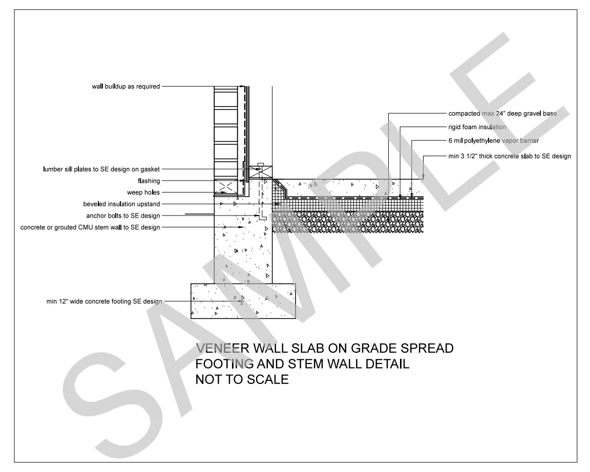Veneer Wall — Slab on Grade — Spread Footing and Stem Wall construction detail preview