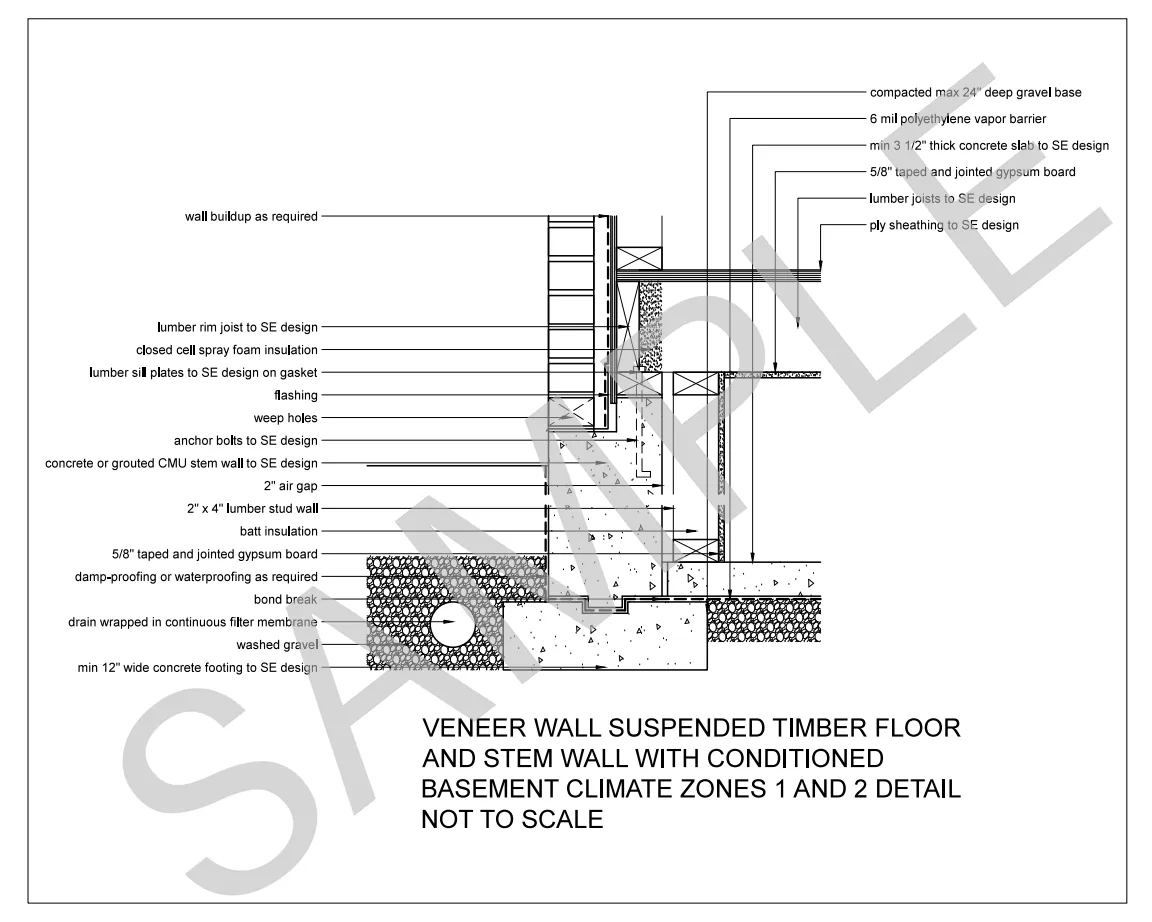 Veneer Wall — Suspended Timber Floor and Stem Wall — Conditioned Basement, Climate Zones 1 and 2 construction detail preview