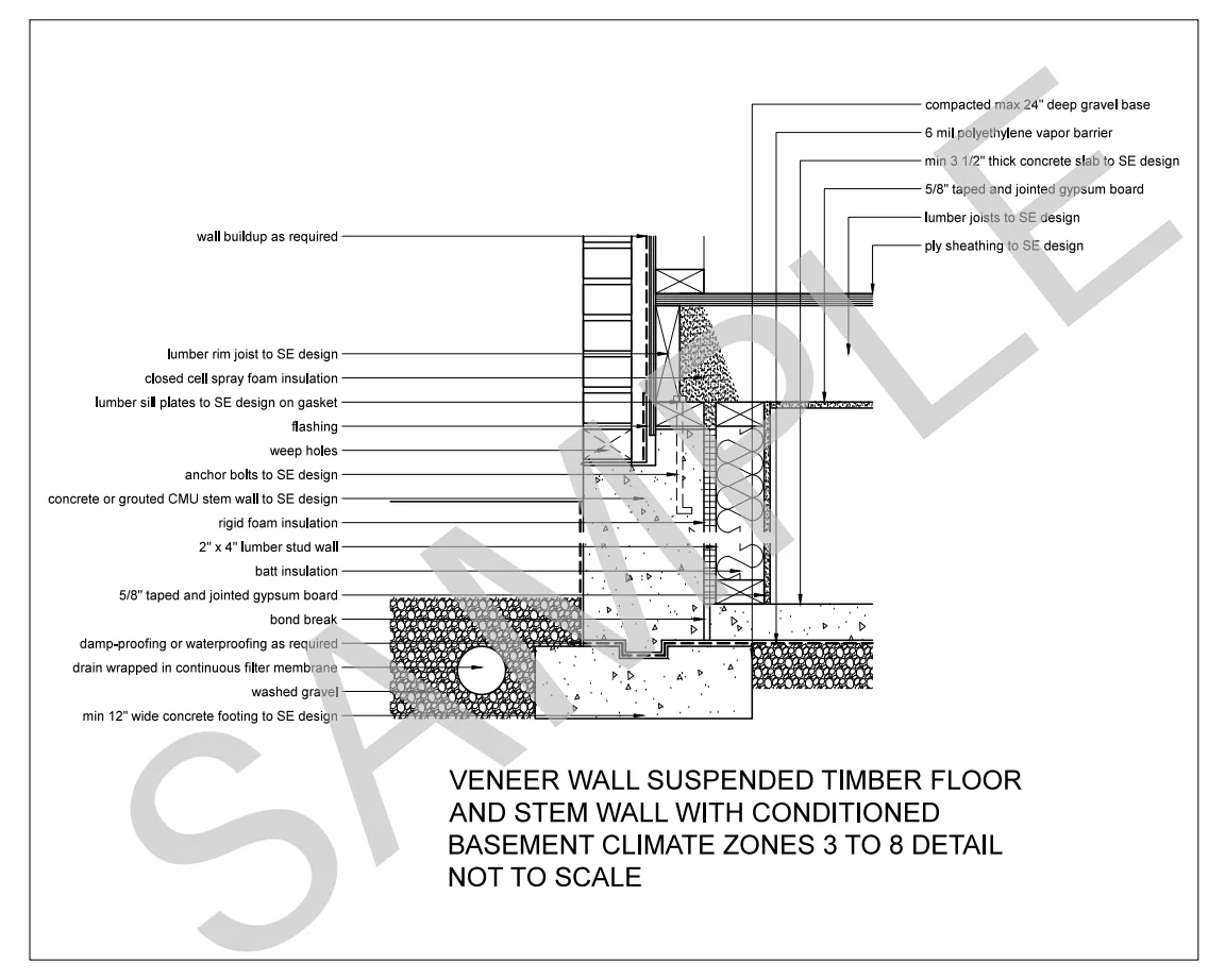 Veneer Wall — Suspended Timber Floor and Stem Wall — Conditioned Basement, Climate Zones 3 to 8 construction detail preview