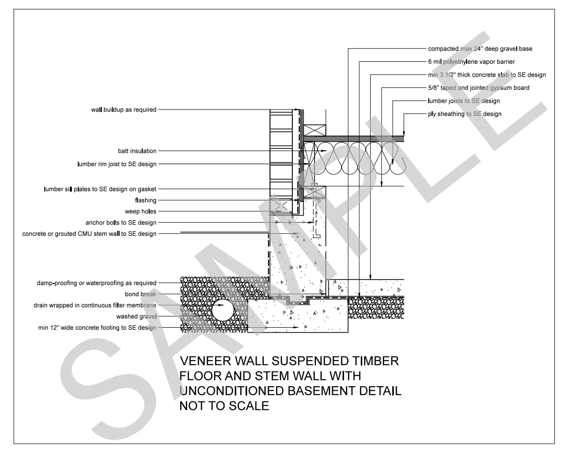 Veneer Wall — Suspended Timber Floor and Stem Wall — Unconditioned Basement construction detail preview