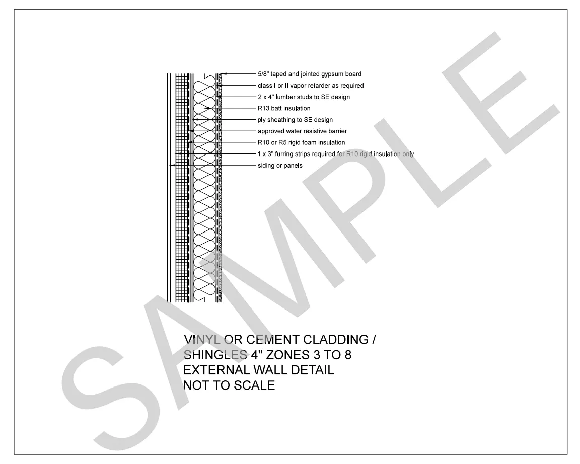 Vinyl or Cement Cladding / Shingles — 2x4 Stud Wall, Climate Zones 3 to 8 construction detail preview